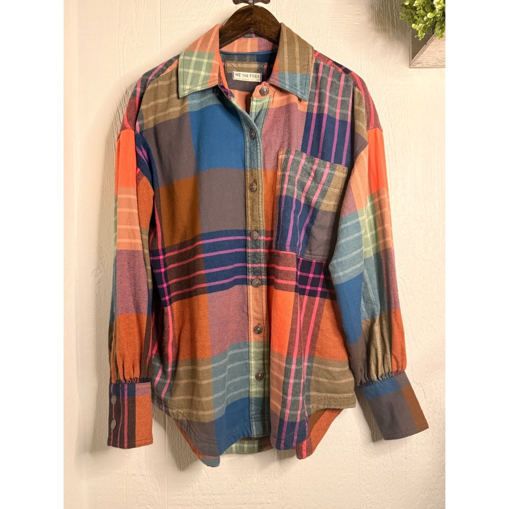 Free People We The Free Quinn Plaid Shirt Ginger Combo Orange Multi Small NEW